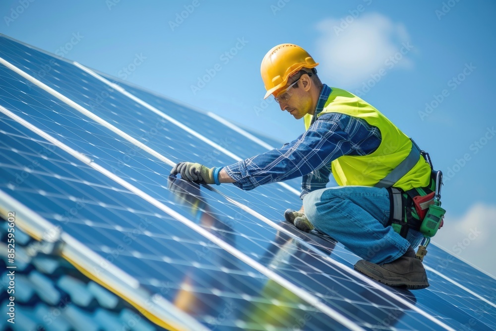 A person wearing a hard hat and safety vest is working on a solar panel installation A person wearing a hard hat and safety vest is working on a solar panel installation
