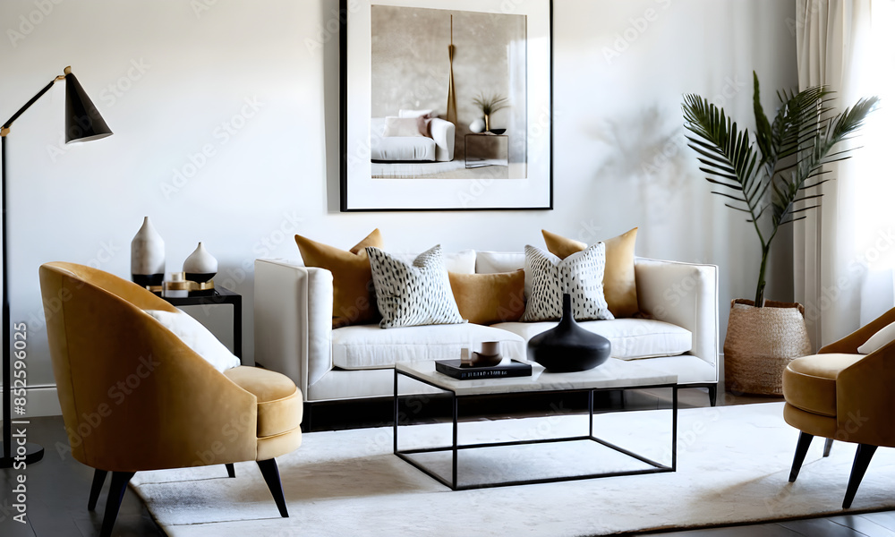 Modern interior design with yellow accents and house plant Modern interior design with yellow accents and house plant