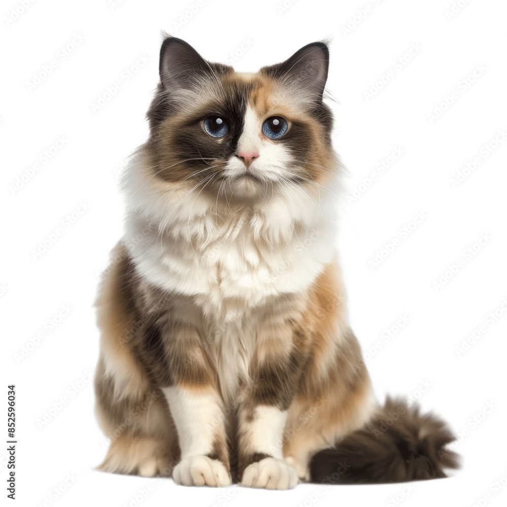 Pretty bicolor Ragdoll cat sitting up facing front Looking at camera with dark blue eyes Isolated on transparent background Pretty bicolor Ragdoll cat sitting up facing front Looking at camera with dark blue eyes Isolated on transparent background