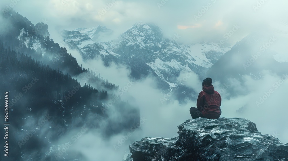 A lone hiker sits peacefully on a rocky ledge, overlooking misty mountains and clouds. Serene and inspiring, this captures the beauty of nature. A lone hiker sits peacefully on a rocky ledge, overlooking misty mountains and clouds. Serene and inspiring, this captures the beauty of nature.