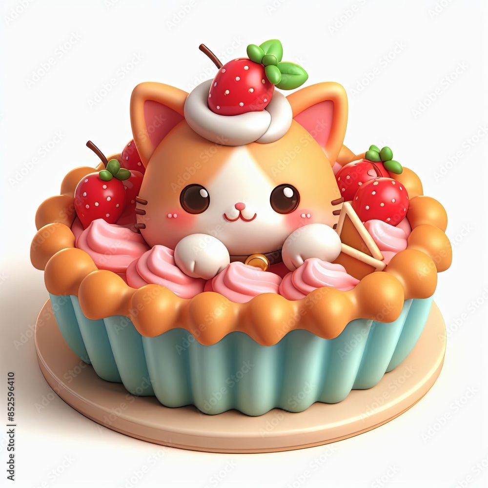 cute cat in pie cake cartoon , 3d Generative AI
