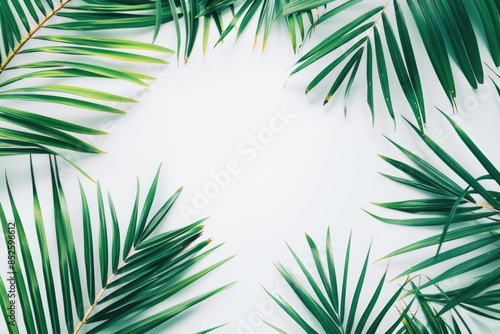 A close-up of vibrant green palm fronds arranged in a symmetrical pattern around a white background