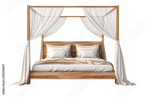 A Luxurious Wooden Canopy Bed With White Curtains, Perfect for a Peaceful Nights Sleep on a Clear PNG or White Background.