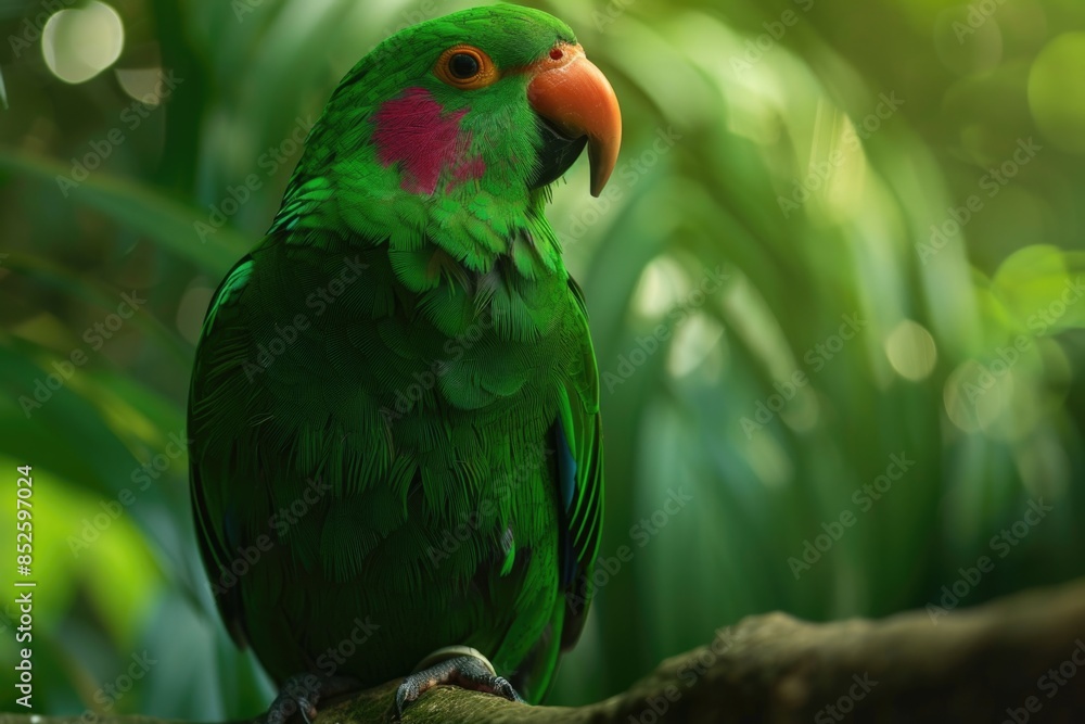 A vibrant green parrot sits atop a tree branch, surrounded by lush foliage A vibrant green parrot sits atop a tree branch, surrounded by lush foliage