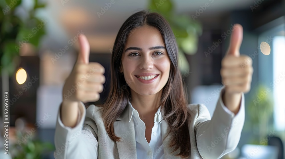 Motivated Businesswoman with Thumbs-Up Gesture in Modern Office Setting with Customizable Whiteboard for Success Messages Motivated Businesswoman with Thumbs-Up Gesture in Modern Office Setting with Customizable Whiteboard for Success Messages