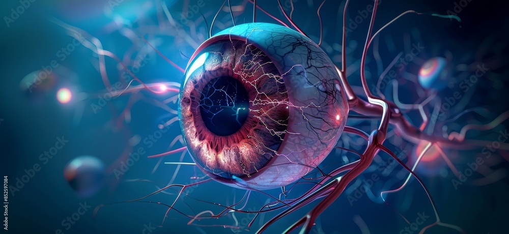 3D rendering of an eye showing intricate vascular and neural networks ...