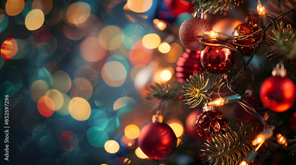 Christmas Tree Ornaments with Bokeh Lights. Christmas Tree Ornaments with Bokeh Lights.