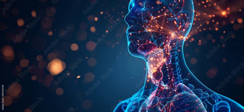 Digital representation of the human body with glowing neural networks and Hormonal system., illustrating advanced medical technology, healthcare, and the nervous system Digital representation of the human body with glowing neural networks and Hormonal system., illustrating advanced medical technology, healthcare, and the nervous system