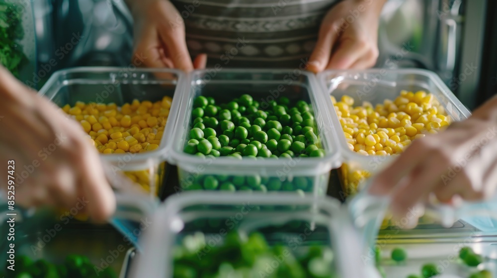 Group of people preparing food in plastic containers Group of people preparing food in plastic containers