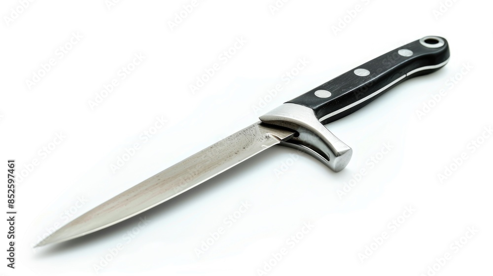 Fototapeta premium A close-up shot of a knife with a black handle placed on a white surface