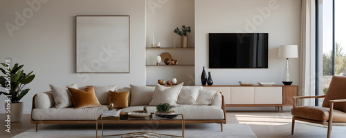 Modern minimalistic living room with large windows