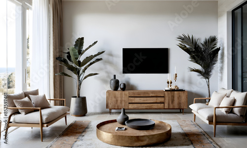 Natural light is streaming into a modern living room