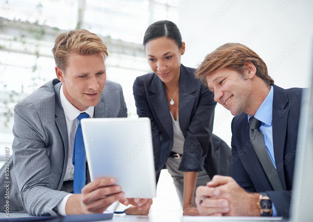 Business people, tablet and research for project in office, collaboration and unity for proposal. Coworkers, workplace and teamwork for reading a report, support and online for info and networking Business people, tablet and research for project in office, collaboration and unity for proposal. Coworkers, workplace and teamwork for reading a report, support and online for info and networking