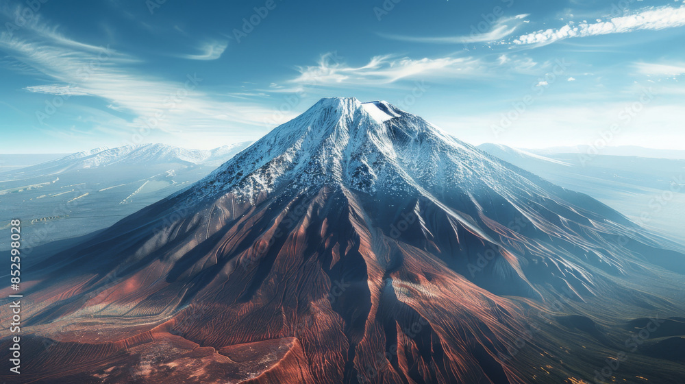Fototapeta premium Volcanic mountain displaying contrasting terrain of snowy peaks and rocky slopes under a partly cloudy sky.