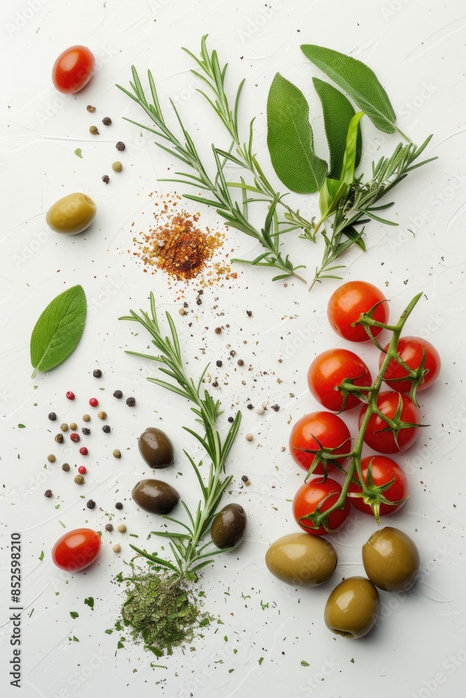 Fresh olives, tomatoes, herbs, and spices arranged on a white surface Fresh olives, tomatoes, herbs, and spices arranged on a white surface