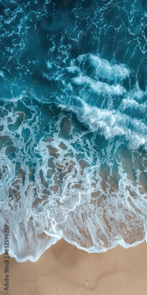 Naklejka premium Aerial view of ocean waves gently crashing onto the sandy shore, showcasing the beauty and tranquility of the coastline.