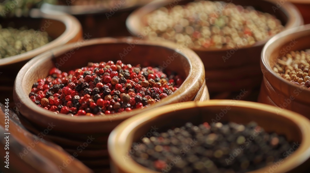 A collection of wooden bowls filled with various spices