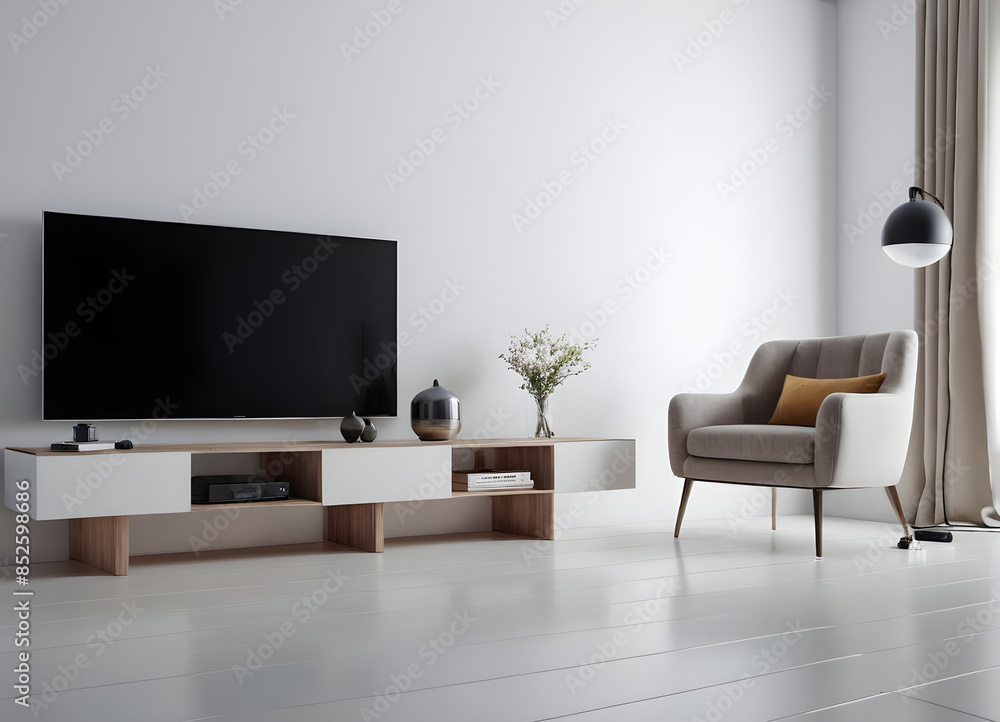 Modern living room with a large television on a wooden cabinet, an elegant armchair, and a window with curtains Modern living room with a large television on a wooden cabinet, an elegant armchair, and a window with curtains
