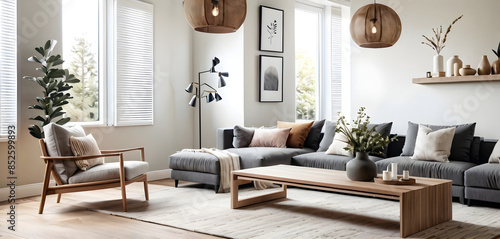 Contemporary living room flooded with sunlight from expansive windows, producing a light and spacious ambiance