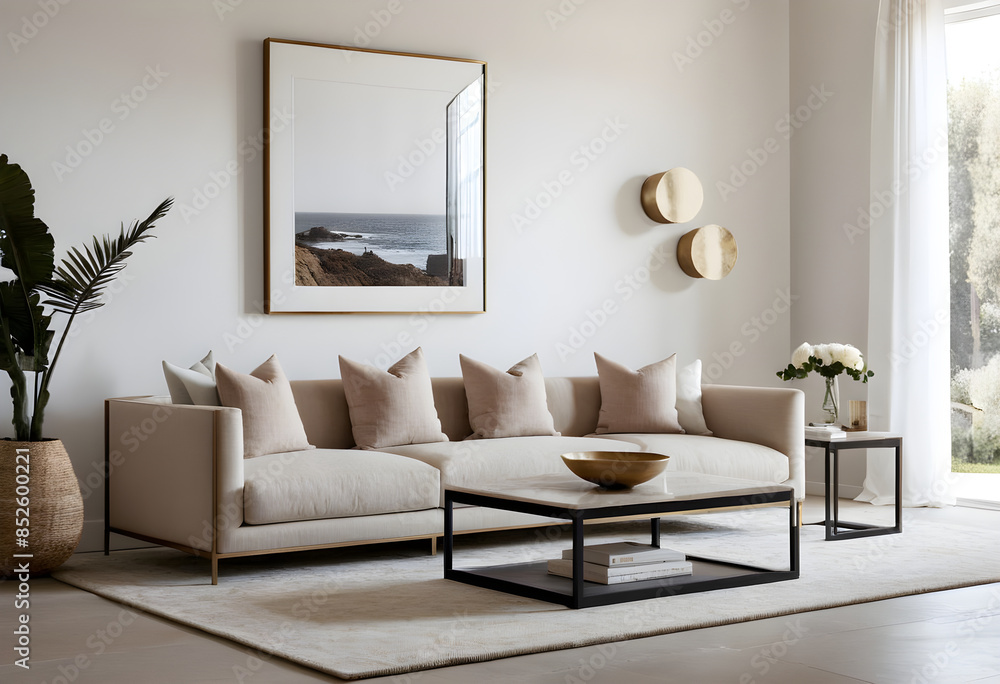 Modern minimalist living room showing a comfortable sofa, coffee table and large framed print Modern minimalist living room showing a comfortable sofa, coffee table and large framed print