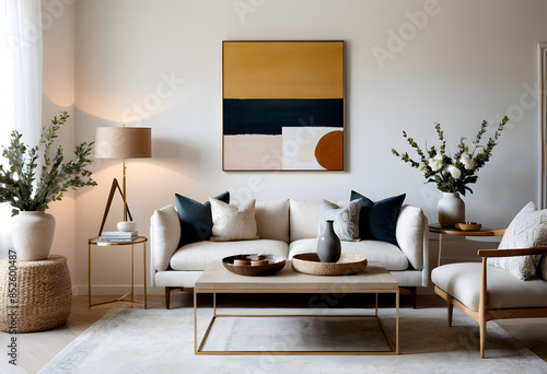 Contemporary living room decor featuring a beige sofa, designer furnishings, an abstract artwork, and chic accents