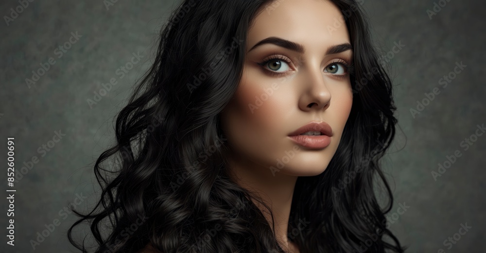 Naklejka premium Long wavy black-haired woman, beauty and makeup theme.