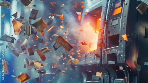 An ATM machine explodes, sending cash and debris flying in a dramatic scene that symbolizes financial chaos, crime, or unexpected loss.