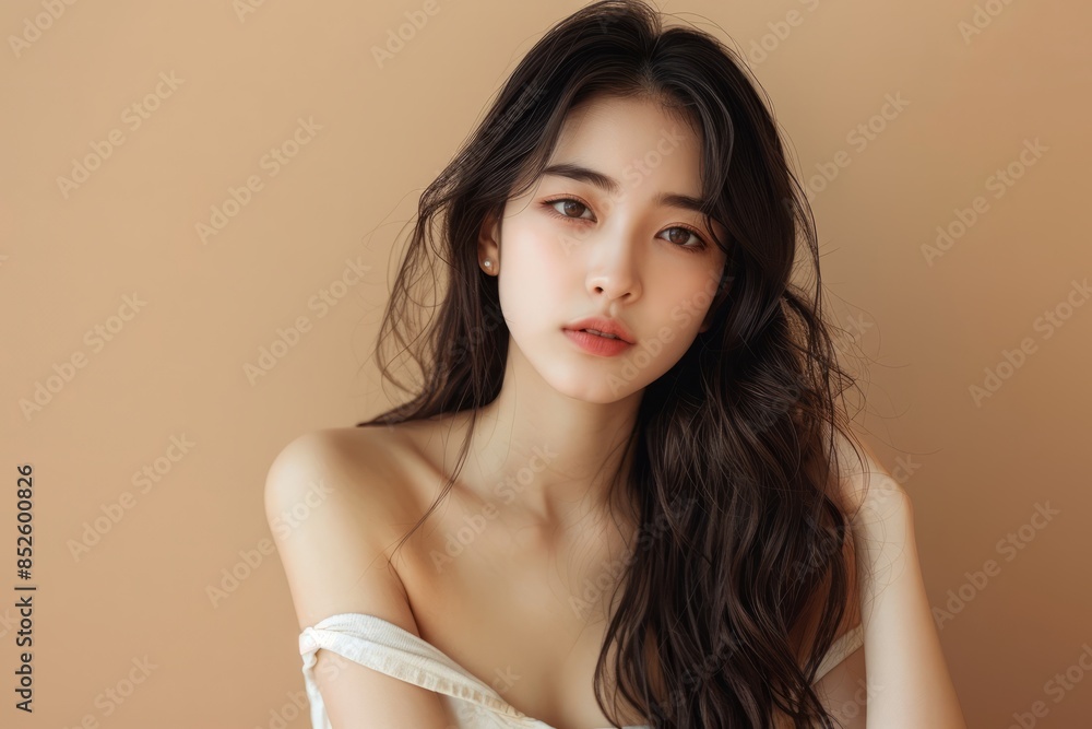 Beautiful young Asian woman with clean, fresh skin touching her face and smiling on a white background, isolated in a beauty treatment concept, spa luxury aesthetic. Beautiful young Asian woman with clean, fresh skin touching her face and smiling on a white background, isolated in a beauty treatment concept, spa luxury aesthetic.