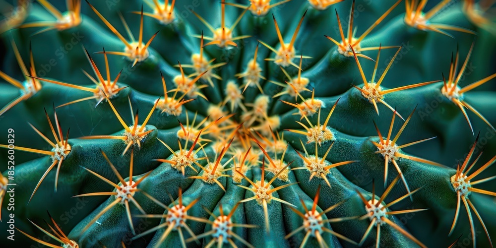 Close-up view of a cactus showing its detailed sharp spines in a symmetrical pattern. Perfect for nature and botanical themes. Close-up view of a cactus showing its detailed sharp spines in a symmetrical pattern. Perfect for nature and botanical themes.