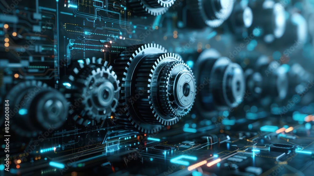 Close-up view of interconnected gears and electronic circuits in a high-tech industrial setting, symbolizing innovation and precision engineering. Close-up view of interconnected gears and electronic circuits in a high-tech industrial setting, symbolizing innovation and precision engineering.
