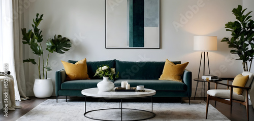 Minimalist and modern interior design for a living room with a green velvet sofa and designer furniture