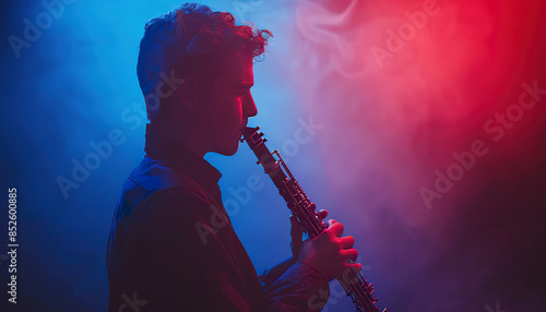 A young man plays the clarinet against a backdrop of blue and red light. Generated by AI.