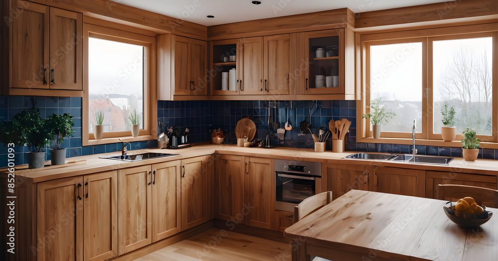Inviting kitchen with oak cabinetry, blue tile backsplash, and abundant natural light pouring in through the windows Inviting kitchen with oak cabinetry, blue tile backsplash, and abundant natural light pouring in through the windows