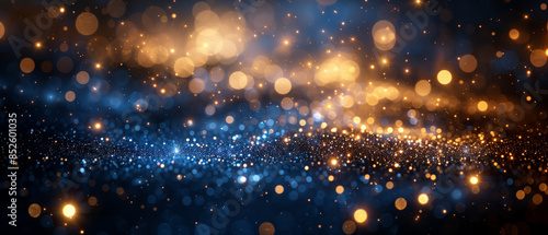 An abstract blue golden background with dark blue and gold particles, Christmas golden light shine particles bokeh on navy blue background, gold foil texture, holiday concept, 4K, 7:3 © Sunshine Studio