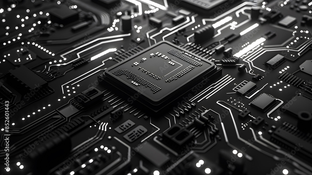 Close-up of a black microchip on a circuit board with glowing pathways, representing advanced technology and electronic components. Close-up of a black microchip on a circuit board with glowing pathways, representing advanced technology and electronic components.