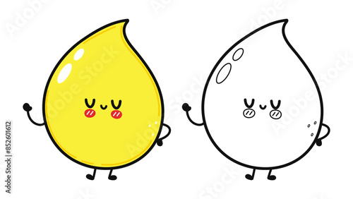 Funny cute happy Drop of urine characters bundle set. Vector hand drawn cartoon kawaii character illustration icon. Cute Drop of urine. Outline cartoon illustration for coloring book