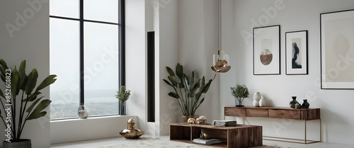 Contemporary living room with spacious windows, wooden furnishings, and simple artwork, for a light and open ambiance