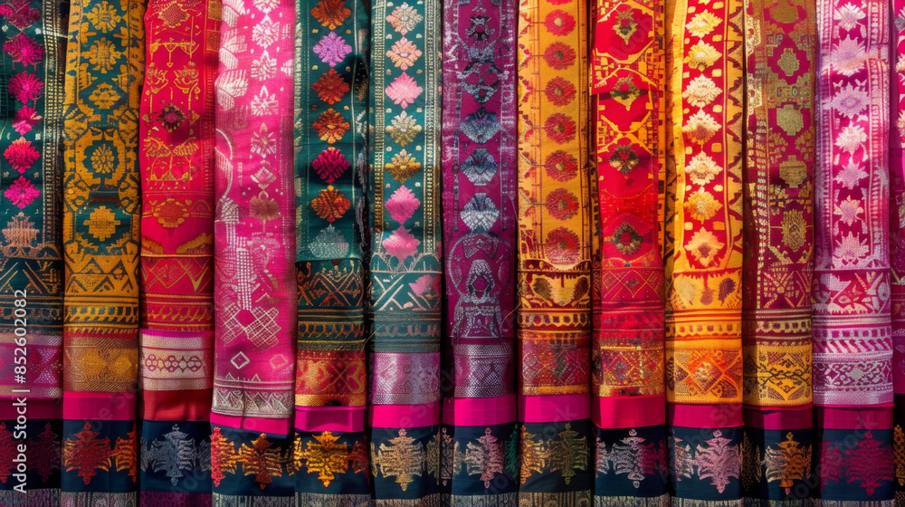 A vibrant array of traditional silk fabrics showcasing intricate patterns and rich, varied colors, perfect for textile enthusiasts. A vibrant array of traditional silk fabrics showcasing intricate patterns and rich, varied colors, perfect for textile enthusiasts.