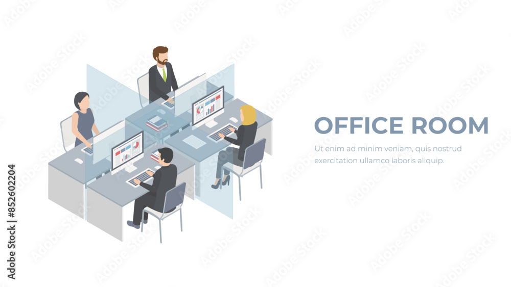 Office room isometric illustration. Office workers on workplaсe. People in office interior. Office room isometric illustration. Office workers on workplaсe. People in office interior.