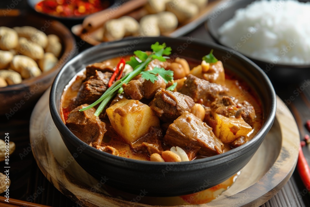 A bowl filled with various meats and vegetables served alongside a plate of rice A bowl filled with various meats and vegetables served alongside a plate of rice