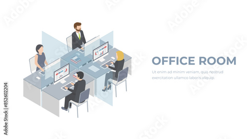 Office room isometric illustration. Office workers on workplaсe. People in office interior.