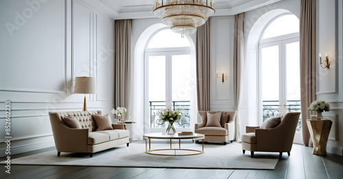 Natural light streams through large arched windows, illuminating the bright and airy living room interior