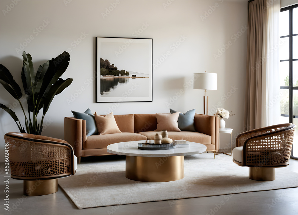 Contemporary living room interior featuring a cozy sofa, rattan armchairs, and elegant gold accents for a welcoming ambiance Contemporary living room interior featuring a cozy sofa, rattan armchairs, and elegant gold accents for a welcoming ambiance