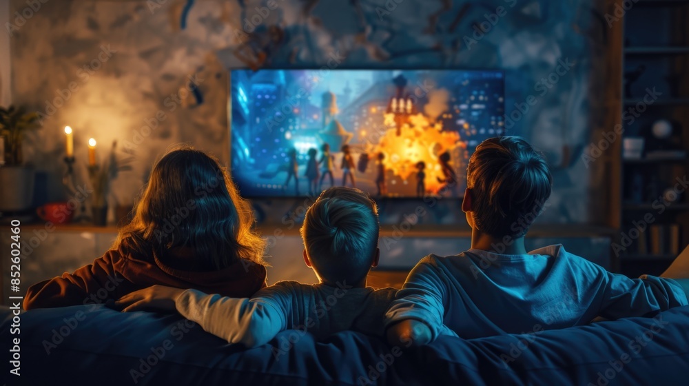 Group of people sitting on a couch, watching television Group of people sitting on a couch, watching television