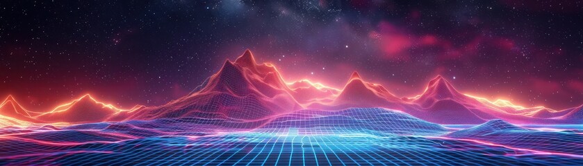 Leinwandbilder Purpur Futuristic digital landscape with vibrant neon lights, representing technology, innovation, and virtual reality in a dynamic sci-fi setting.  © BoOm