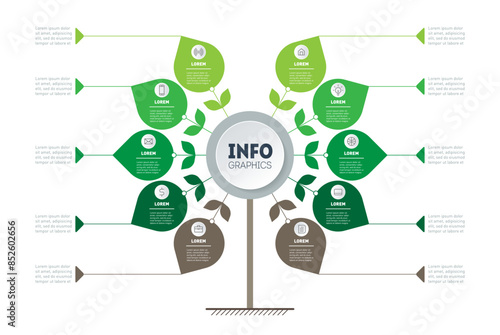 Vector infograph of agriculture processes with 10 steps. Green Business presentation concept with 10 options. Template of timeline, tree or info chart.
