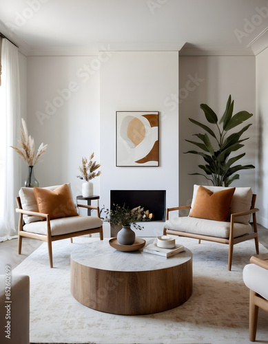 Modern minimalist living room featuring a fireplace, two armchairs with orange pillows, and a large round coffee table