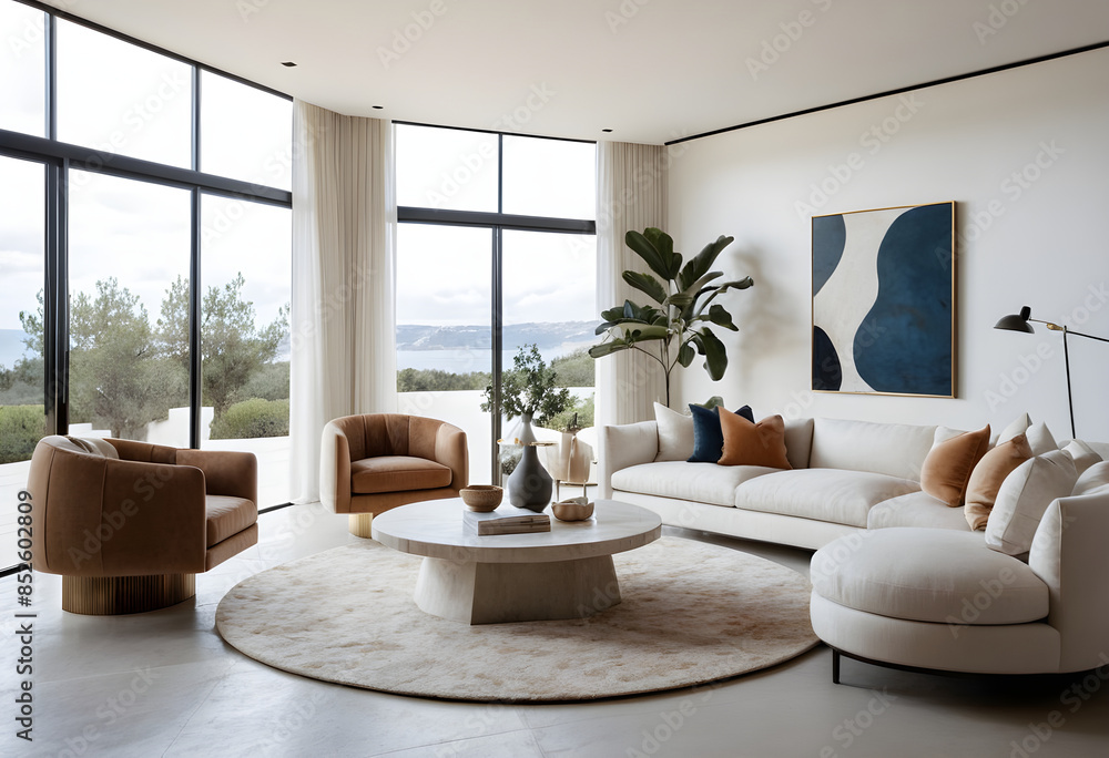 Fototapeta premium Chic living room with a peaceful view of a calm landscape, enhanced by expansive windows that flood the room with natural light