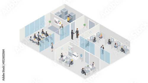 People workplace in office isometric design. Company employees man and woman team work together in comfortable modern cabinet. Business center floor interior inside with furniture. Vector illustration