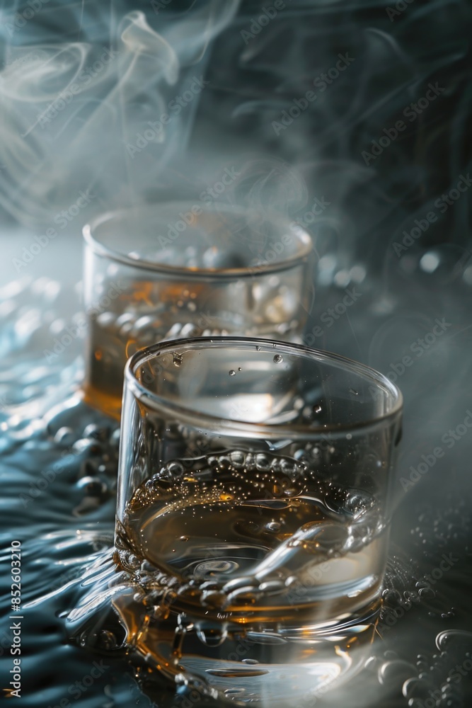 Two glasses filled with liquid sit on a table, suitable for use as props or in a still life composition Two glasses filled with liquid sit on a table, suitable for use as props or in a still life composition